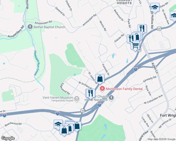 map of restaurants, bars, coffee shops, grocery stores, and more near 118 Ridge Road in Fort Mitchell