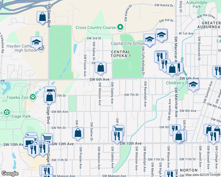 map of restaurants, bars, coffee shops, grocery stores, and more near 642 Southwest Oakley Avenue in Topeka