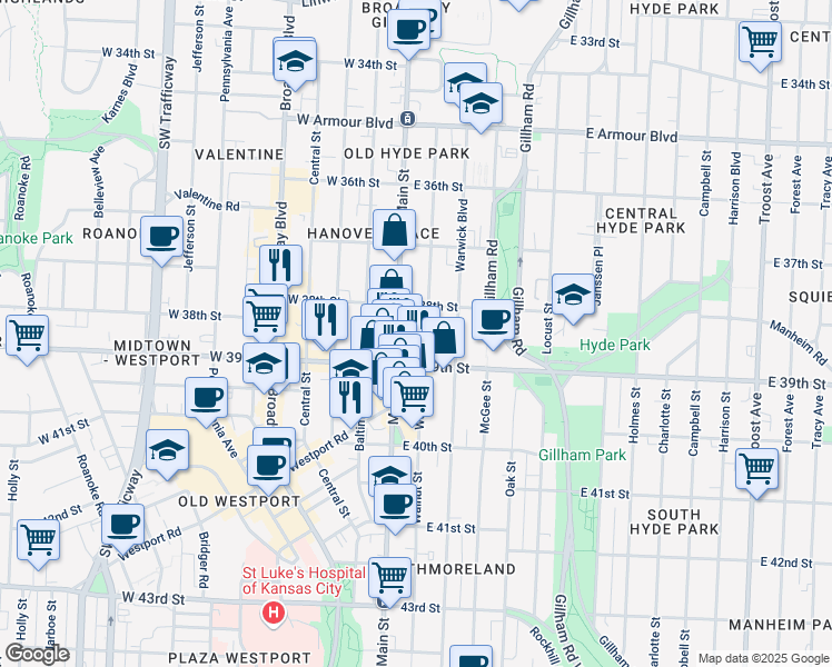 map of restaurants, bars, coffee shops, grocery stores, and more near 3820 Walnut Street in Kansas City