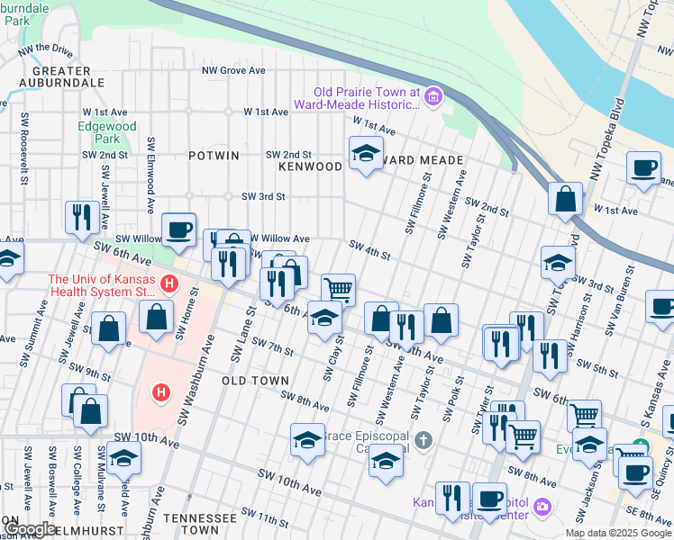 map of restaurants, bars, coffee shops, grocery stores, and more near 500 Southwest Buchanan Street in Topeka