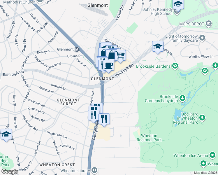 map of restaurants, bars, coffee shops, grocery stores, and more near 2386 Glenmont Circle in Silver Spring