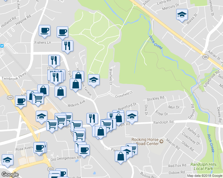 map of restaurants, bars, coffee shops, grocery stores, and more near 12415 Braxfield Court in Rockville