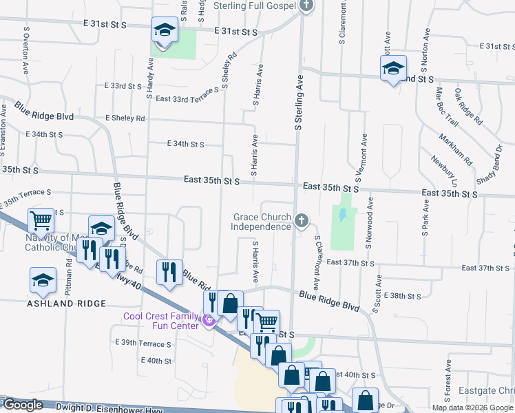 map of restaurants, bars, coffee shops, grocery stores, and more near 3511 Harvard Street in Independence