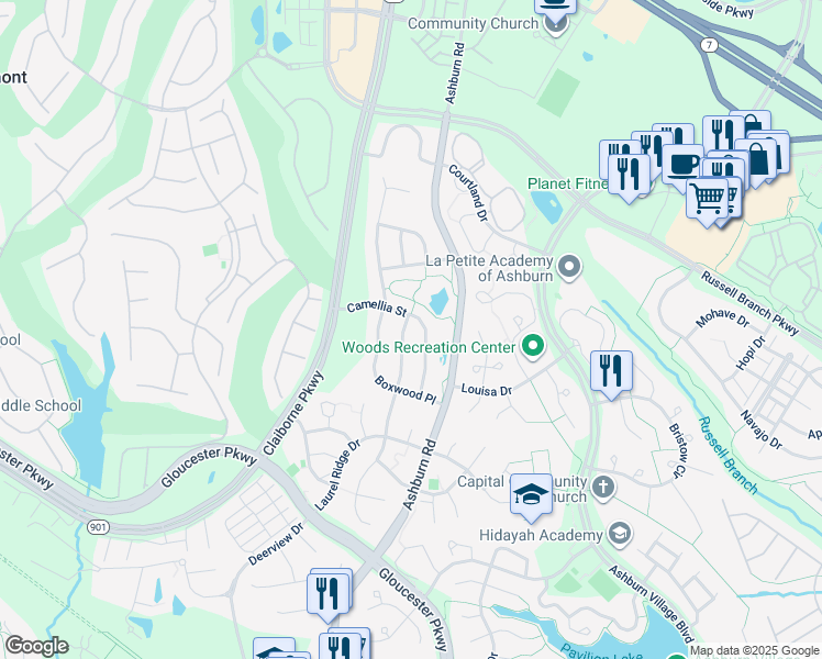 map of restaurants, bars, coffee shops, grocery stores, and more near 20214 Millstead Drive in Ashburn