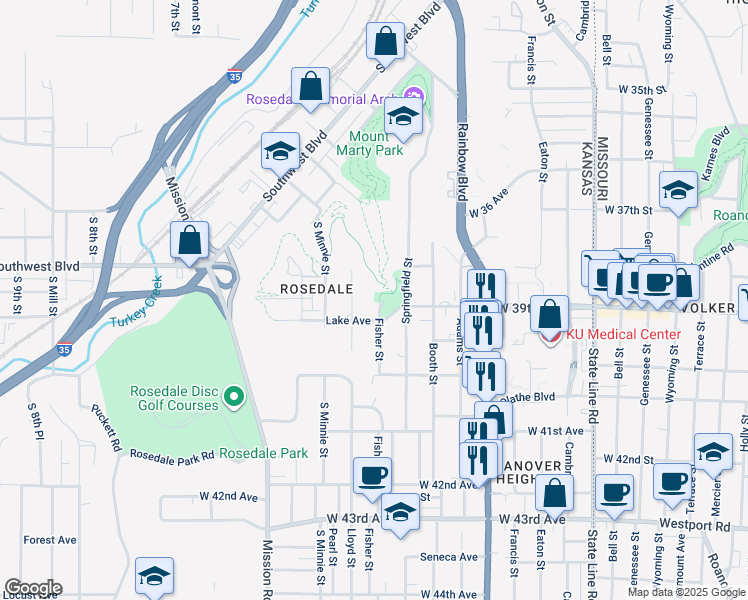 map of restaurants, bars, coffee shops, grocery stores, and more near 3818 Springfield Street in Kansas City