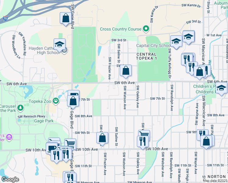 map of restaurants, bars, coffee shops, grocery stores, and more near 3415 Southwest 6th Avenue in Topeka