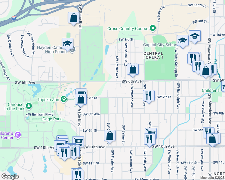 map of restaurants, bars, coffee shops, grocery stores, and more near 3515 Southwest 6th Avenue in Topeka