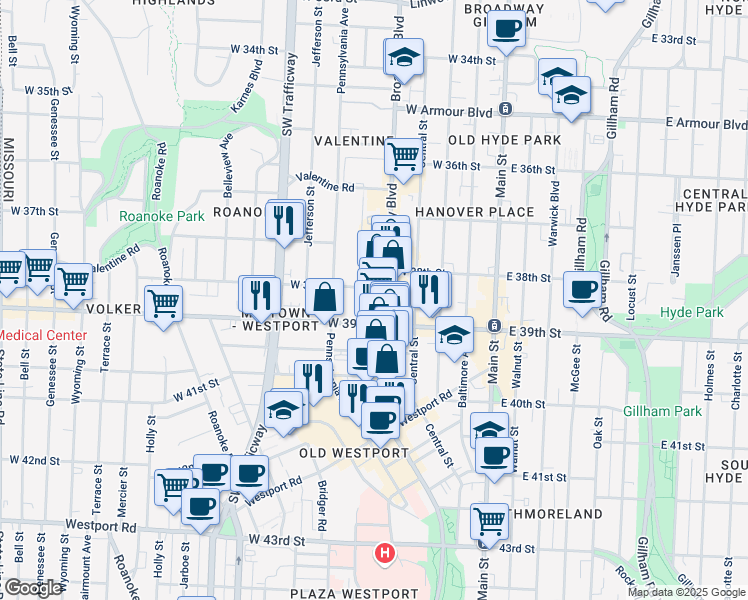 map of restaurants, bars, coffee shops, grocery stores, and more near 3838 Broadway Boulevard in Kansas City