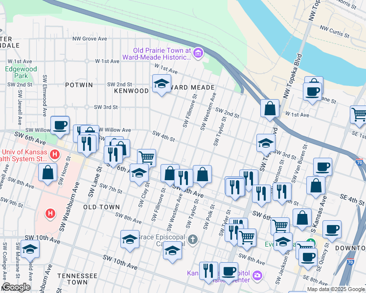 map of restaurants, bars, coffee shops, grocery stores, and more near 422 Southwest Fillmore Street in Topeka