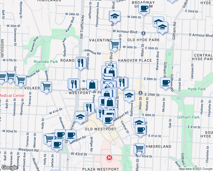 map of restaurants, bars, coffee shops, grocery stores, and more near 3838 Broadway Boulevard in Kansas City