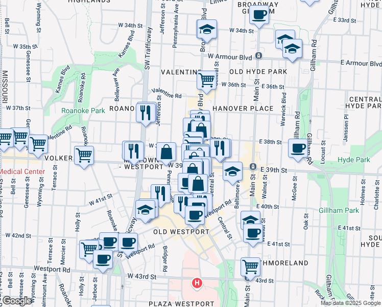 map of restaurants, bars, coffee shops, grocery stores, and more near 3838 Broadway Boulevard in Kansas City