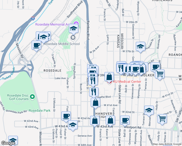 map of restaurants, bars, coffee shops, grocery stores, and more near 3907 Adams Street in Kansas City