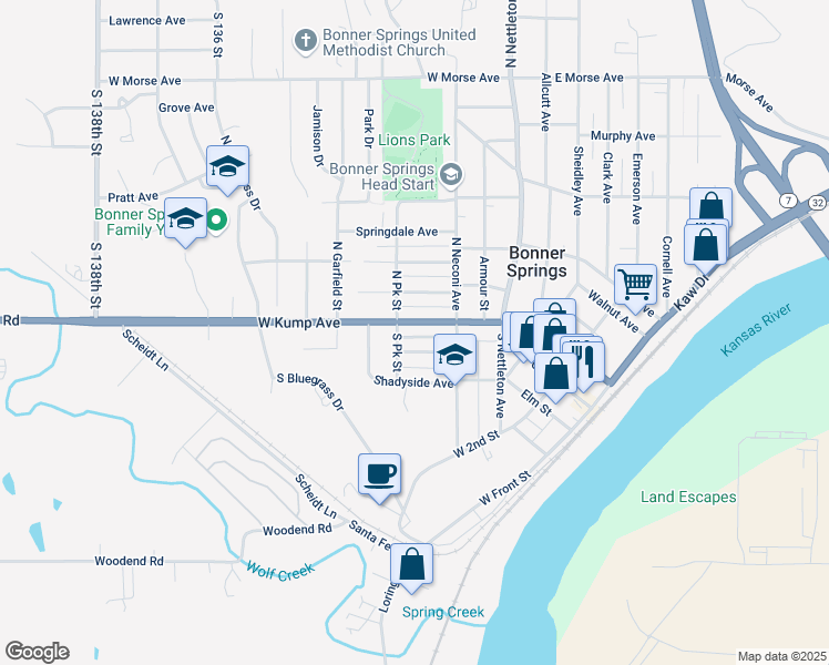 map of restaurants, bars, coffee shops, grocery stores, and more near 241 Coronado Avenue in Bonner Springs