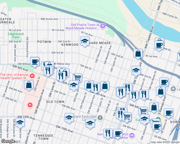 map of restaurants, bars, coffee shops, grocery stores, and more near 422 Southwest Fillmore Street in Topeka