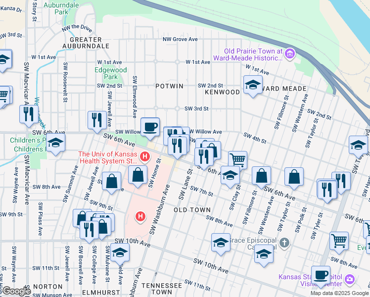 map of restaurants, bars, coffee shops, grocery stores, and more near 1412 Southwest 6th Avenue in Topeka