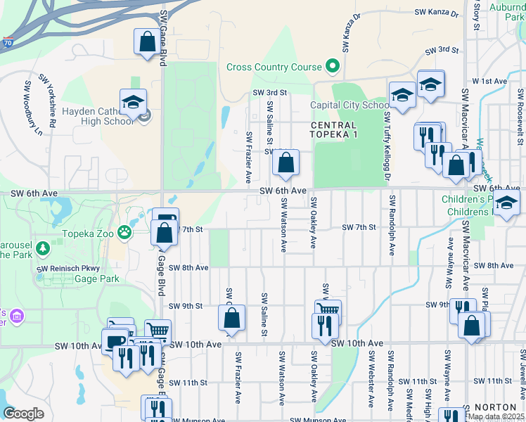 map of restaurants, bars, coffee shops, grocery stores, and more near 700 Southwest Saline Street in Topeka