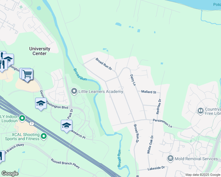 map of restaurants, bars, coffee shops, grocery stores, and more near 20218 Youngs Cliff Road in Sterling