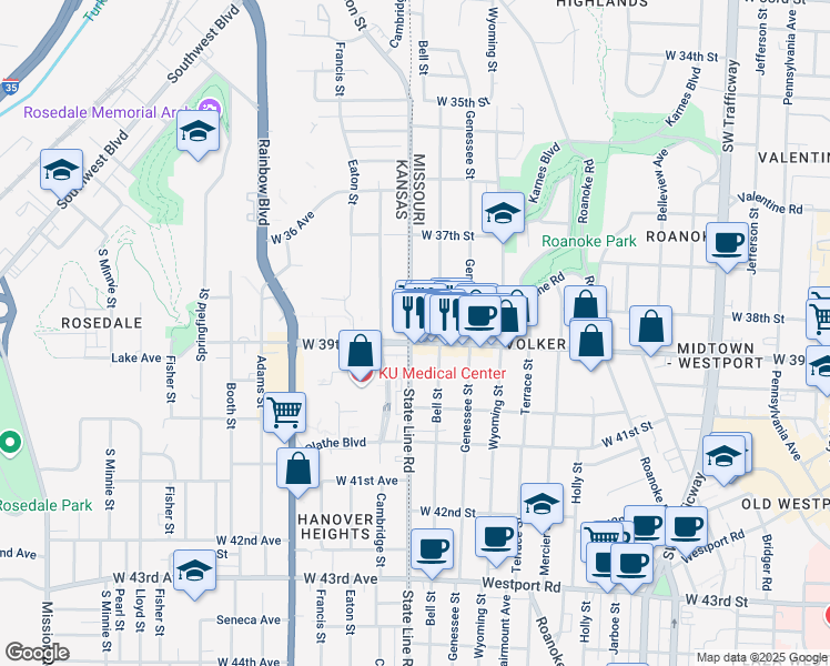 map of restaurants, bars, coffee shops, grocery stores, and more near 3895 State Line Road in Kansas City