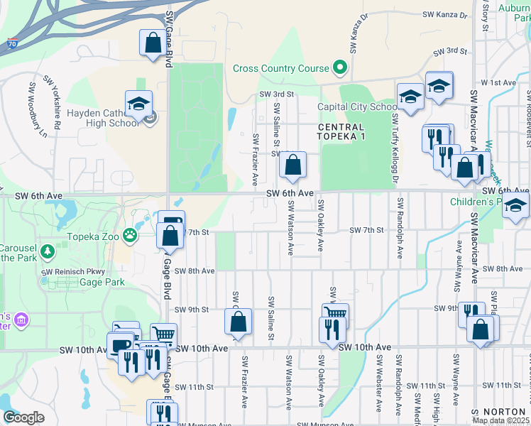 map of restaurants, bars, coffee shops, grocery stores, and more near 3415 Southwest 6th Avenue in Topeka