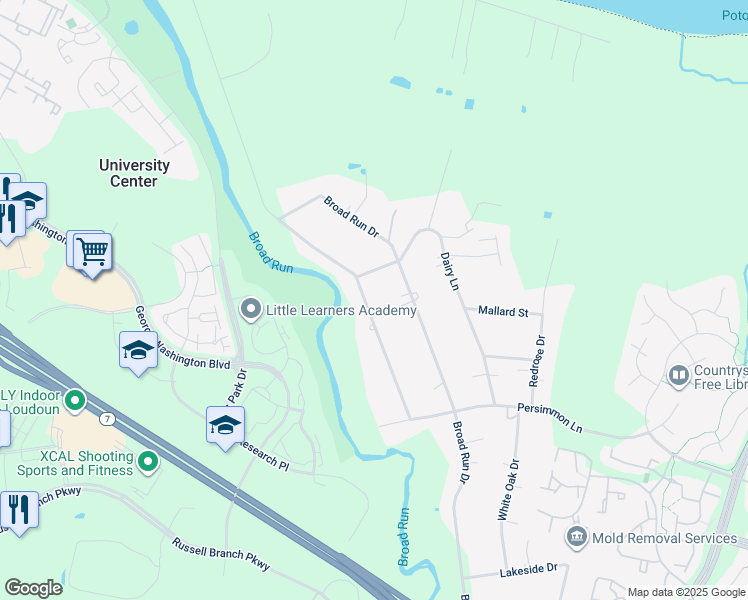 map of restaurants, bars, coffee shops, grocery stores, and more near 20218 Youngs Cliff Road in Sterling