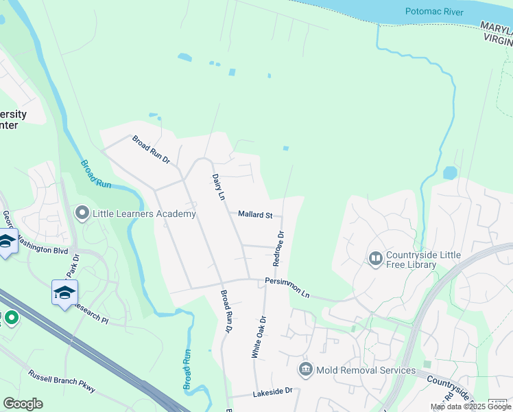 map of restaurants, bars, coffee shops, grocery stores, and more near 45414 Mallard Street in Sterling