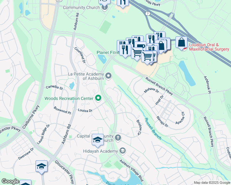 map of restaurants, bars, coffee shops, grocery stores, and more near 44061 Gala Circle in Ashburn