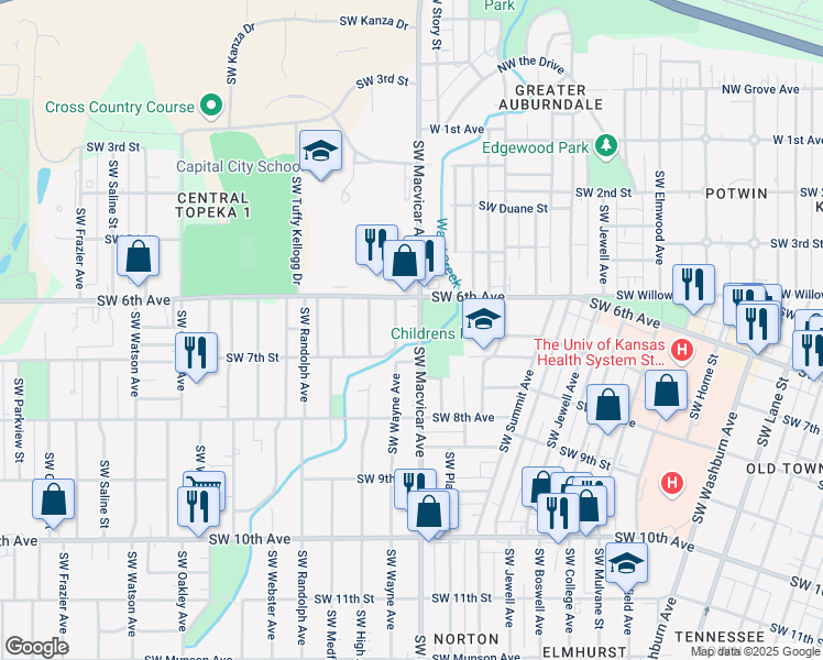 map of restaurants, bars, coffee shops, grocery stores, and more near 625 Southwest Macvicar Avenue in Topeka