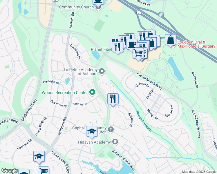 map of restaurants, bars, coffee shops, grocery stores, and more near 44061 Gala Circle in Ashburn