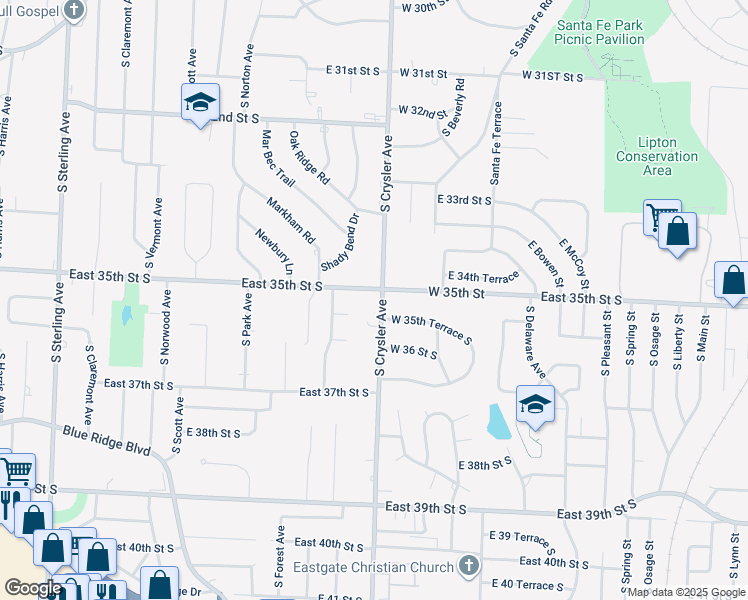 map of restaurants, bars, coffee shops, grocery stores, and more near 3502 South Crysler Avenue in Independence
