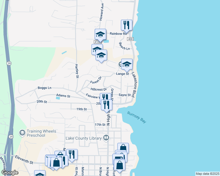 map of restaurants, bars, coffee shops, grocery stores, and more near 250 Sayre Street in Lakeport