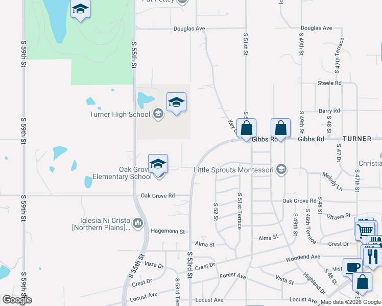 map of restaurants, bars, coffee shops, grocery stores, and more near 5310 Dodson Avenue in Kansas City