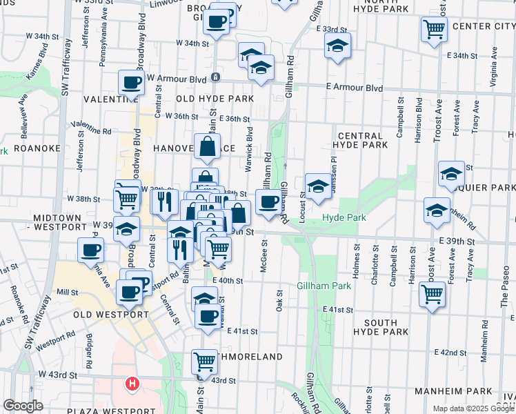 map of restaurants, bars, coffee shops, grocery stores, and more near 300 East 39th Street in Kansas City