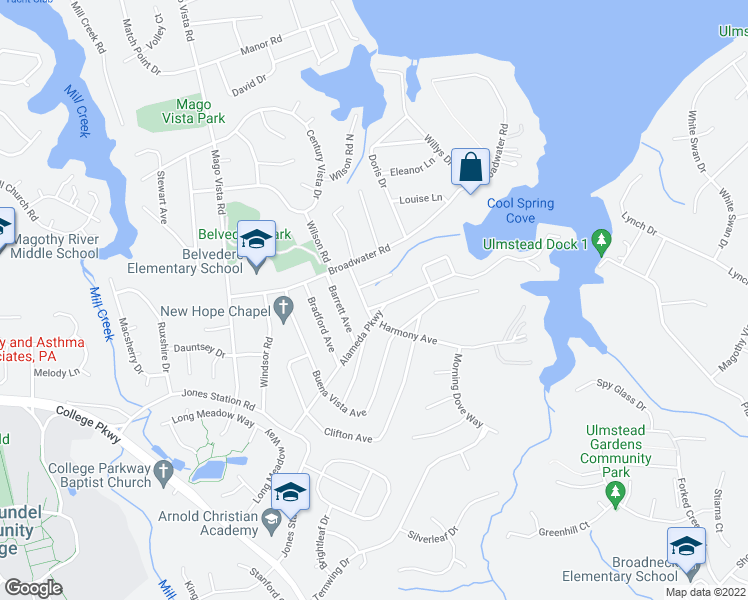 map of restaurants, bars, coffee shops, grocery stores, and more near 330 Alameda Parkway in Arnold