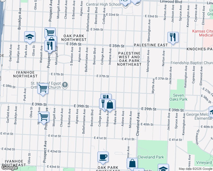 map of restaurants, bars, coffee shops, grocery stores, and more near 3308 East 38th Street in Kansas City