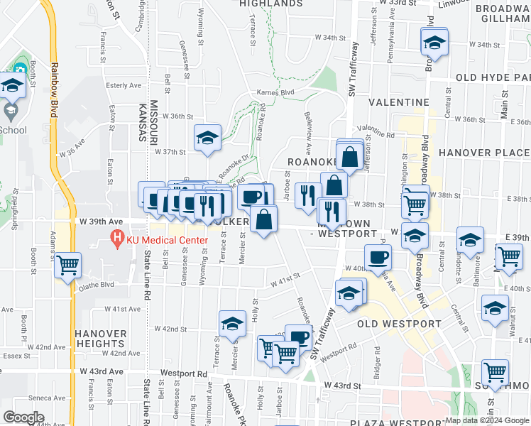 map of restaurants, bars, coffee shops, grocery stores, and more near 1204 West 39th Street in Kansas City