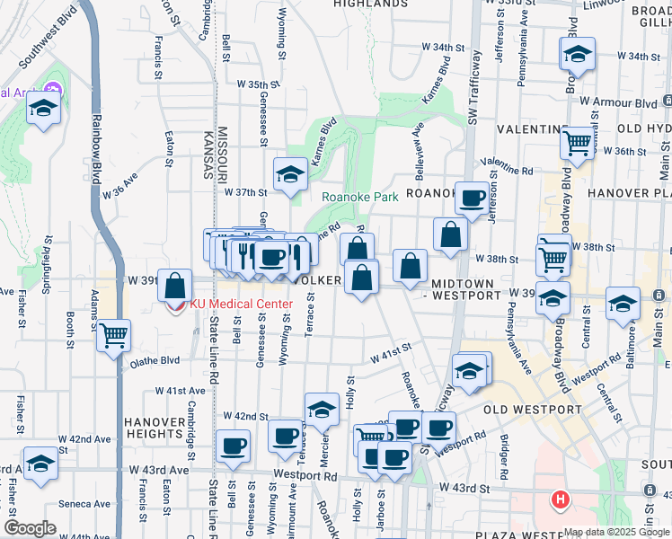 map of restaurants, bars, coffee shops, grocery stores, and more near in Kansas City