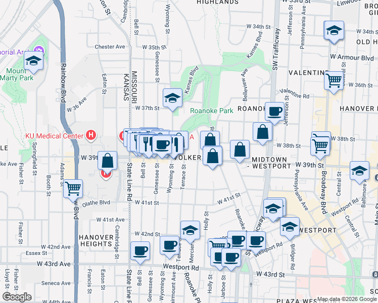 map of restaurants, bars, coffee shops, grocery stores, and more near in Kansas City