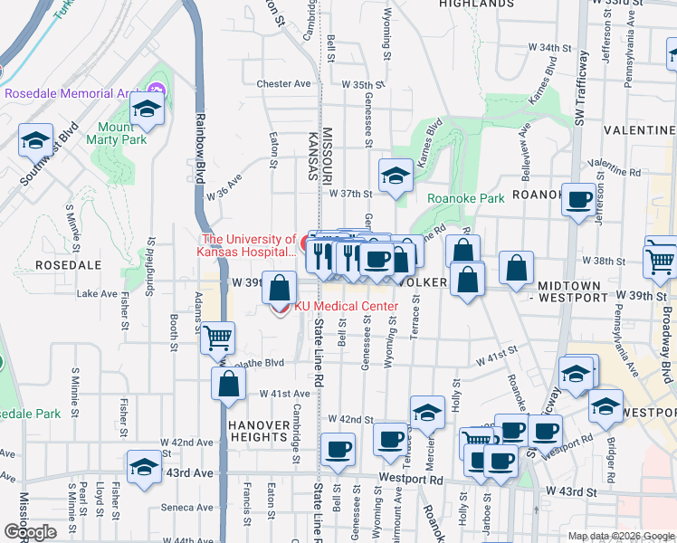 map of restaurants, bars, coffee shops, grocery stores, and more near 3904 Bell Street in Kansas City
