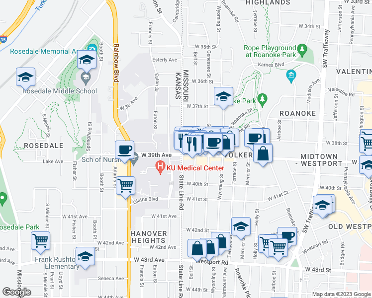 map of restaurants, bars, coffee shops, grocery stores, and more near 3904 Bell Street in Kansas City