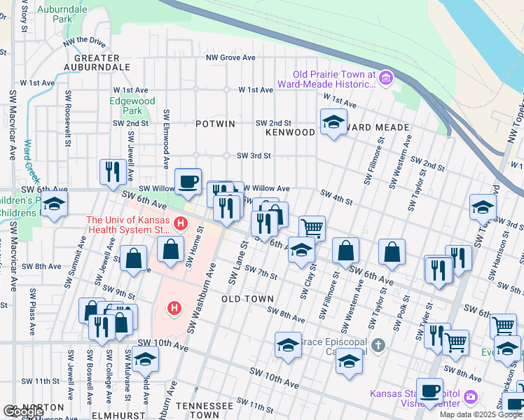 map of restaurants, bars, coffee shops, grocery stores, and more near 520 Southwest Lane Street in Topeka