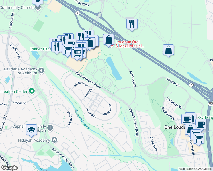 map of restaurants, bars, coffee shops, grocery stores, and more near 44332 Babbling Brook Terrace in Ashburn