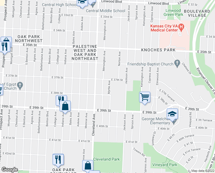 map of restaurants, bars, coffee shops, grocery stores, and more near 3720 Myrtle Avenue in Kansas City