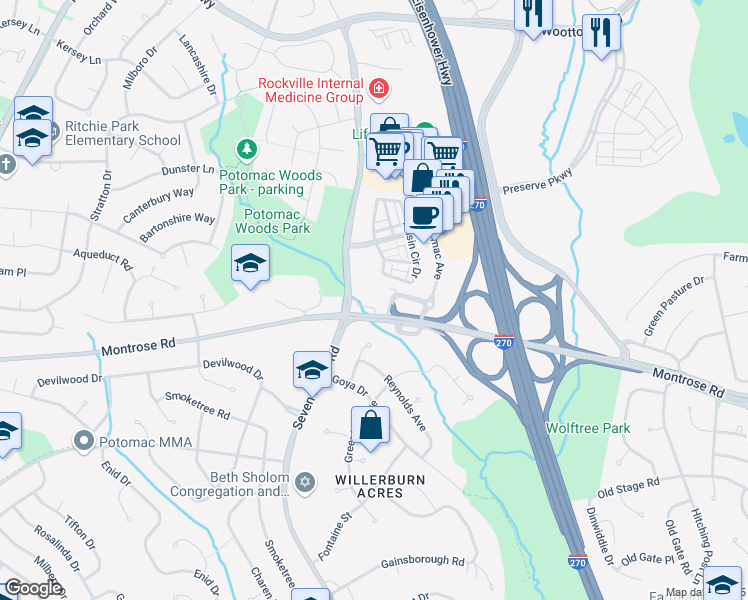 map of restaurants, bars, coffee shops, grocery stores, and more near 7811 Montrose Road in Potomac