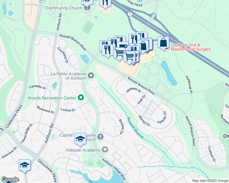 map of restaurants, bars, coffee shops, grocery stores, and more near 44165 Navajo Drive in Ashburn