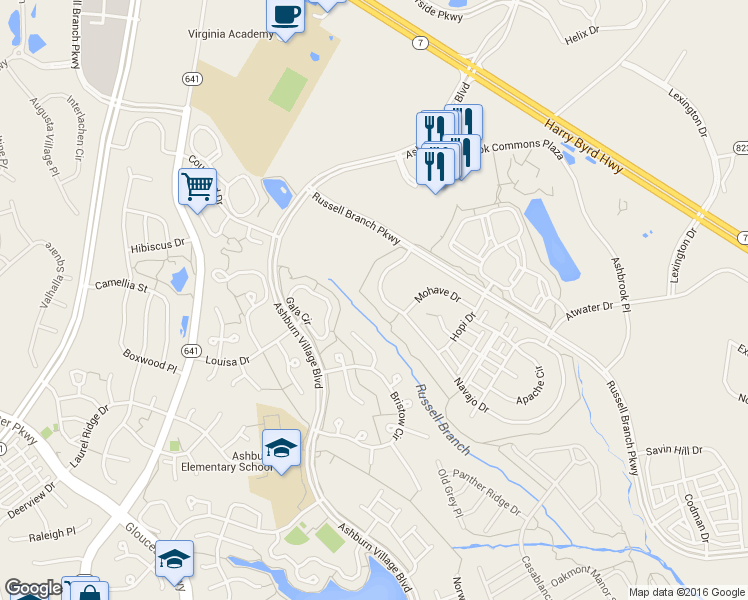 map of restaurants, bars, coffee shops, grocery stores, and more near 44165 Navajo Drive in Ashburn