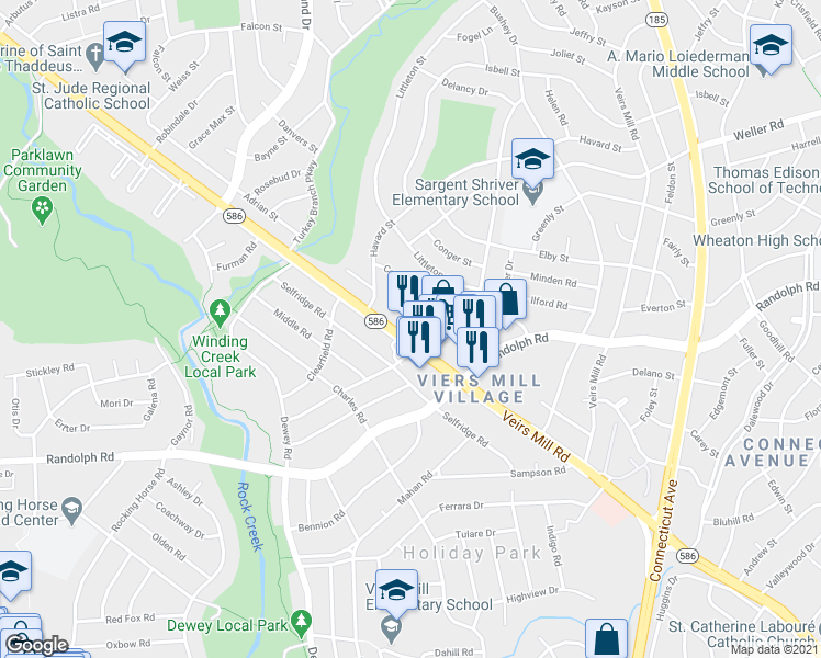 map of restaurants, bars, coffee shops, grocery stores, and more near 12265 Veirs Mill Road in Silver Spring