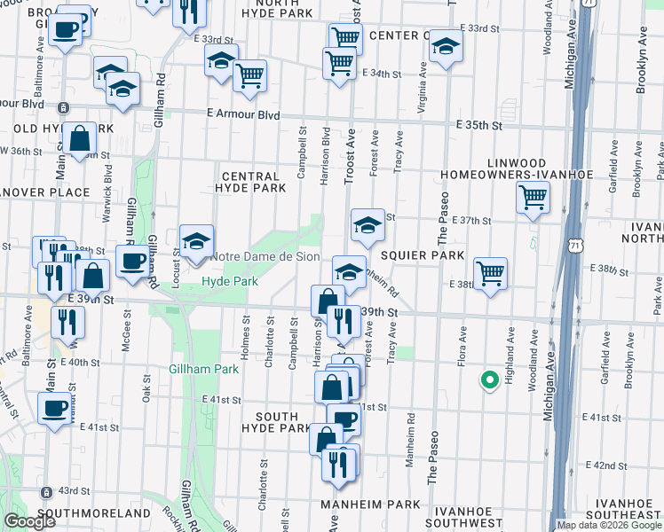 map of restaurants, bars, coffee shops, grocery stores, and more near in Kansas City