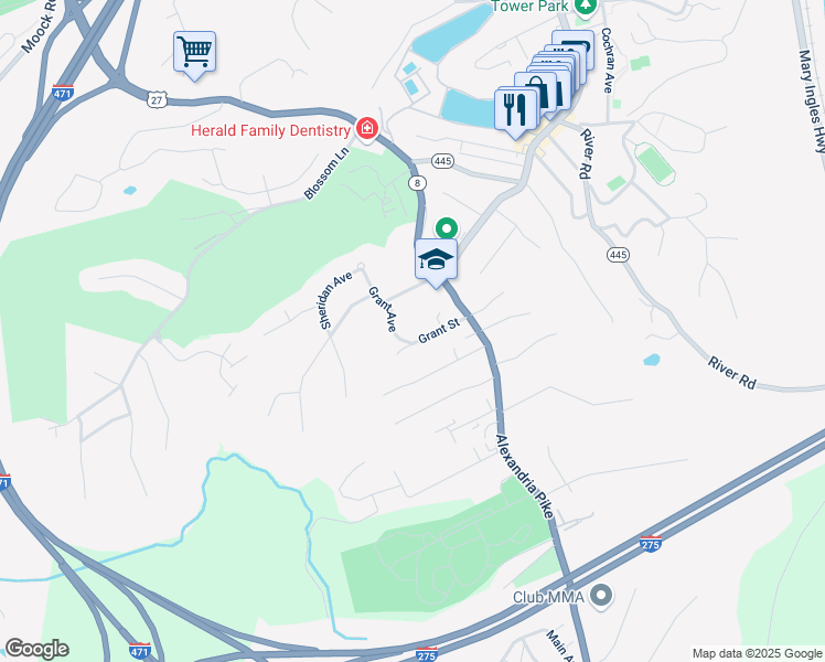 map of restaurants, bars, coffee shops, grocery stores, and more near 32 Woodfill Avenue in Fort Thomas