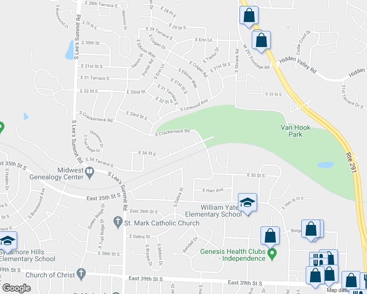 map of restaurants, bars, coffee shops, grocery stores, and more near 16367 East 34th Street South in Independence