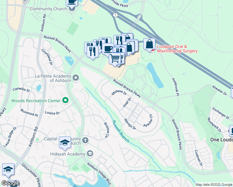 map of restaurants, bars, coffee shops, grocery stores, and more near 44211 Mohave Drive in Ashburn
